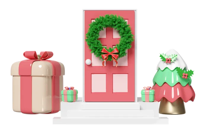 The Front Door Is Decorated With Wreath Pine Leaves Ribbon Christmas Trees And Gift Boxes Merry Christmas And Happy New Year 3 D Render Illustration 3D Illustration