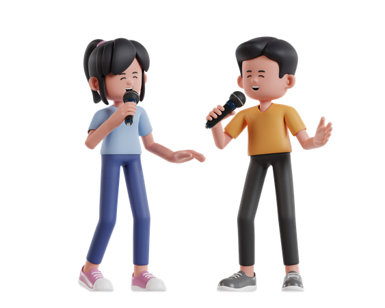 Dos simpáticos personajes de dibujos animados cantando juntos  3D Illustration