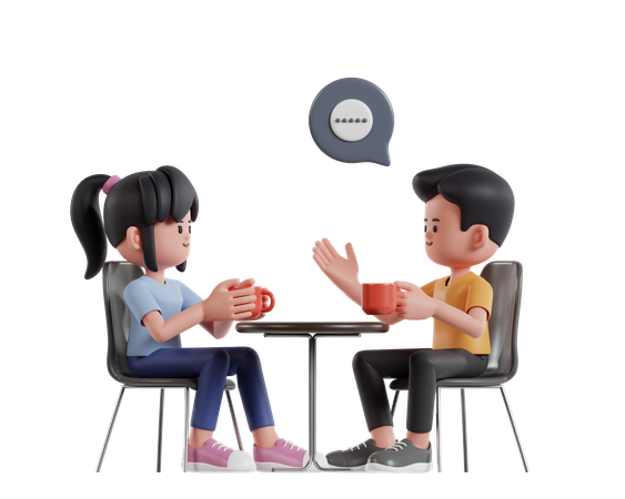 Dos personajes de dibujos animados sentados relajados manteniendo una conversación interesante mientras toman café  3D Illustration