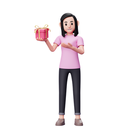 Douce fille montrant un petit cadeau de Saint-Valentin qu'il tient avec la main droite  3D Icon