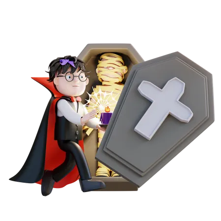 Drácula abre o caixão da múmia  3D Illustration