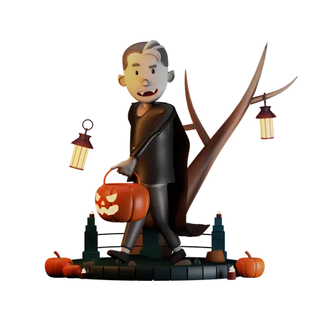Drácula Caminando Calabaza De Halloween  3D Illustration