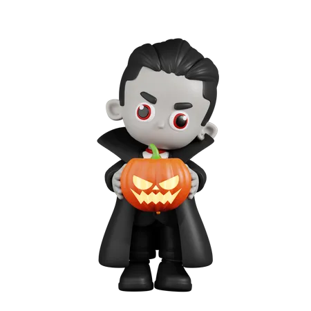 Vampire Dracula tenant une citrouille d'Halloween  3D Illustration