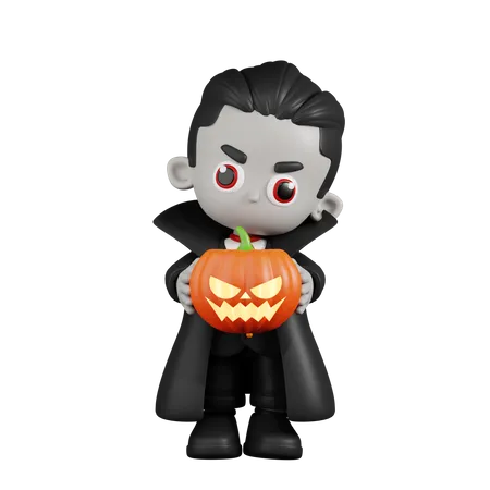 Dracula Vampire Holding Halloween Pumpkin  3D Illustration