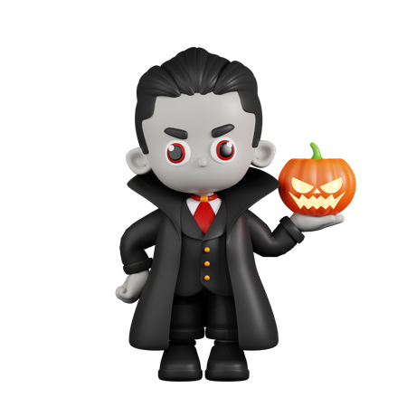 Dracula Vampire Holding Pumpkin With Left Hands  3D Illustration