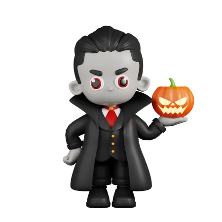 Dracula Vampire tenant une citrouille avec la main gauche  3D Illustration