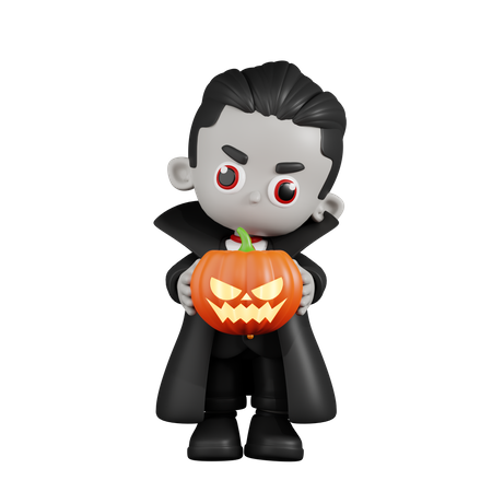 Drácula Vampiro Sosteniendo Calabaza De Halloween  3D Illustration