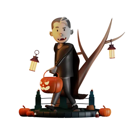 Dracula Walking Halloween Pumpkin  3D Illustration