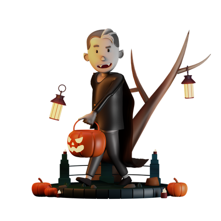 Dracula Walking Halloween Pumpkin  3D Illustration