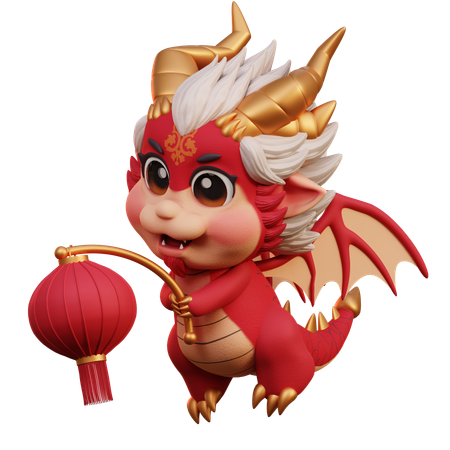 Dragón Chino Con Linterna Roja  3D Illustration