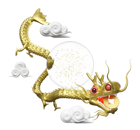 Dragon chinois en or avec globe en verre  3D Illustration