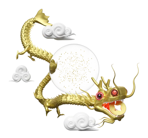 Dragon chinois en or avec globe en verre  3D Illustration