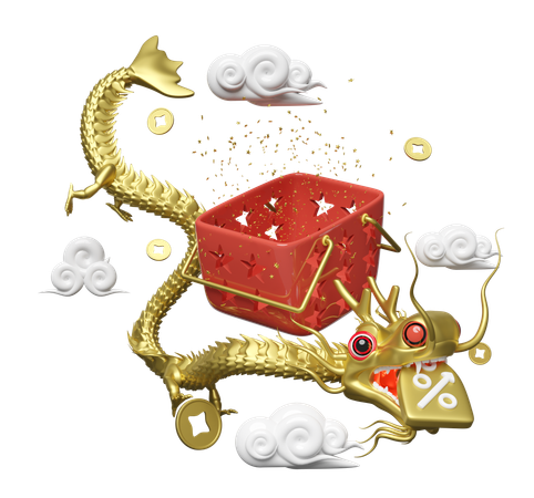 Dragón con cesta de compras  3D Illustration