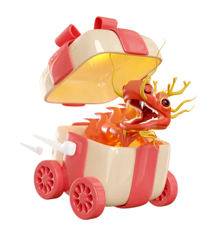 3 D Gift Box Open On Wheels With Chinese Dragon Chinese New Year 2024 Capricorn 3 D Render Illustration 3D Icon