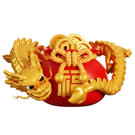 Dragon with Chinese Coin Bag  3D Icon