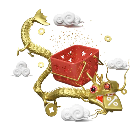 3 D Gold Dragon With Shopping Basket Empty Discount Sales Cloud Coin Online Shopping Sale Merry Christmas And Happy Chinese New Year 3 D Render Illustration 3D Illustration