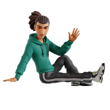 Homem com dreadlocks acenando com a mão enquanto faz pose sentada  3D Illustration