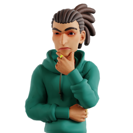 Homem com dreadlocks fazendo pose de pensamento  3D Illustration