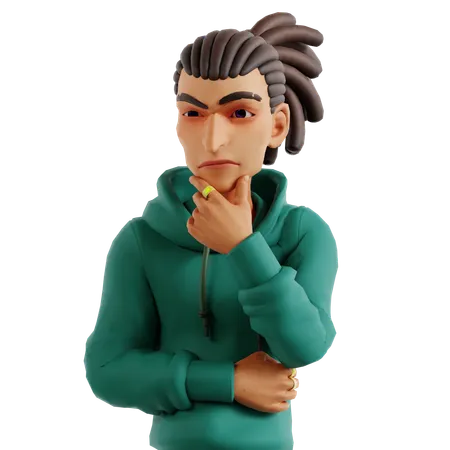 Homem com dreadlocks fazendo pose de pensamento  3D Illustration