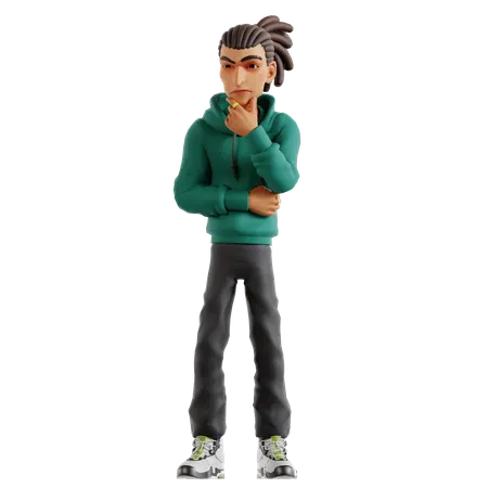 Homem com dreadlocks fazendo pose de pensamento  3D Illustration