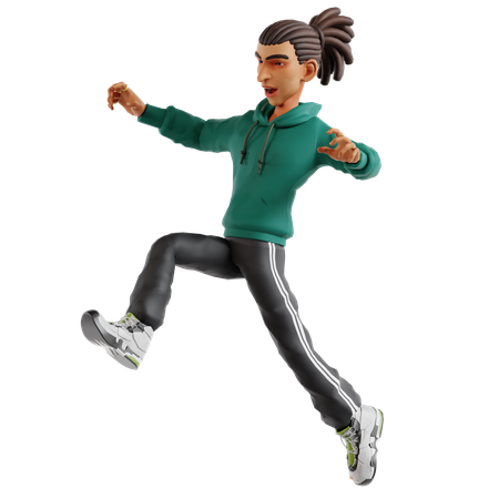 Homem com dreadlocks dando pose de salto  3D Illustration