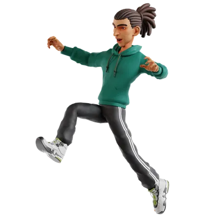 Homem com dreadlocks dando pose de salto  3D Illustration