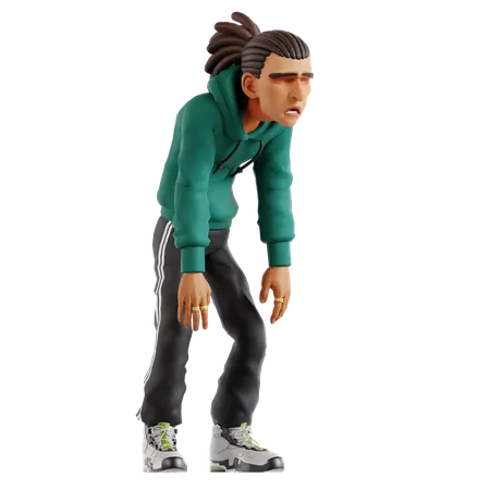 Homme aux dreadlocks prenant une pose fatiguée  3D Illustration