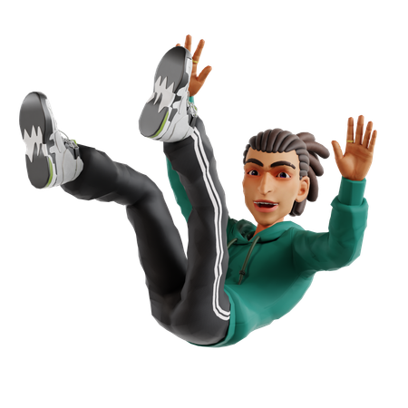 Dreadlocks man falling down while showing hands up  3D Illustration