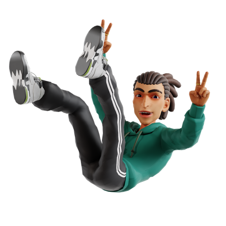 Dreadlocks man falling down while showing victory hands  3D Illustration