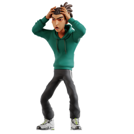 Mann mit Dreadlocks in schockierender Pose, während er die Hände auf den Kopf legt  3D Illustration