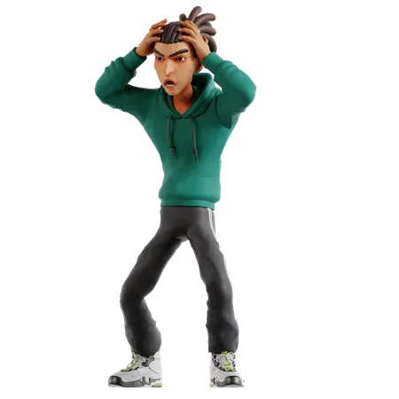 Mann mit Dreadlocks in schockierender Pose, während er die Hände auf den Kopf legt  3D Illustration