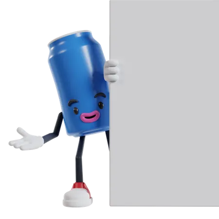 Drink can character peeking out from behind a white wall  3D Illustration