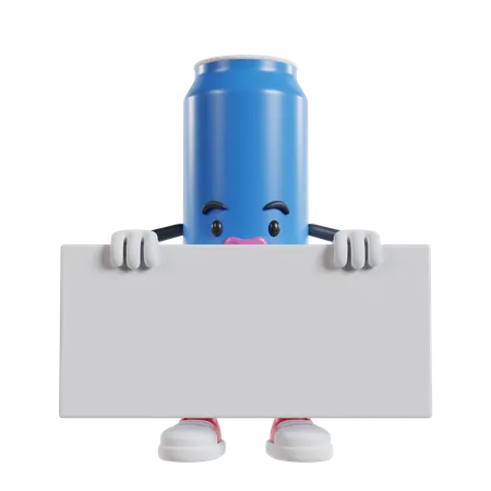 Drink can character standing and holding long white banner with two hands  3D Illustration