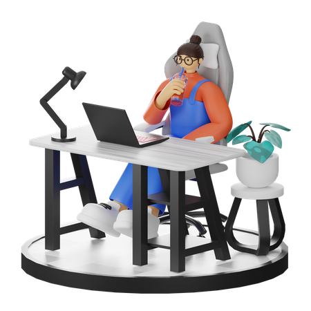 Drinking coffee while working on laptop  3D Icon