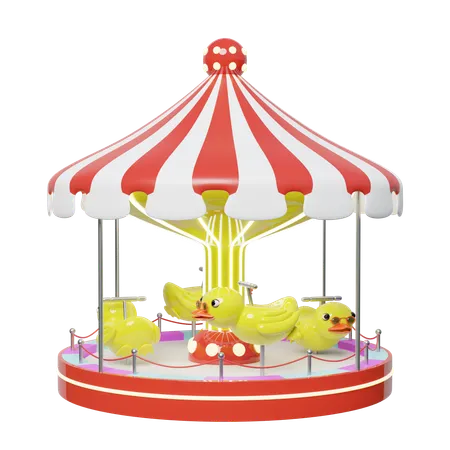 Carousel Or Merry Go Round With Yellow Duck Sunglasses Isolated 3 D Render Illustration 3D Illustration