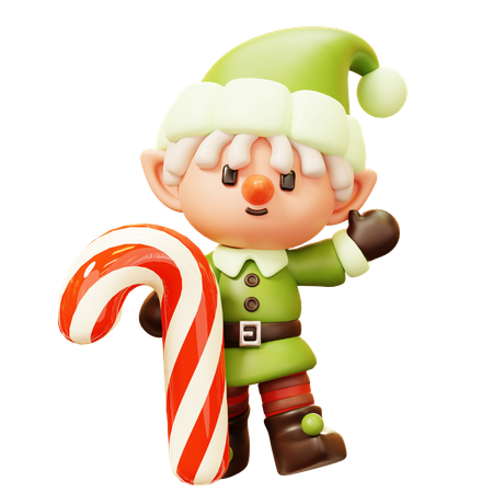 Duende navideño con bastón de caramelo  3D Icon