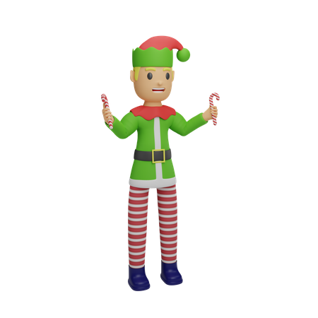 Elfos do Papai Noel segurando um bastão de doces  3D Illustration