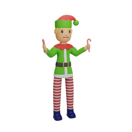 Elfos do Papai Noel segurando um bastão de doces  3D Illustration