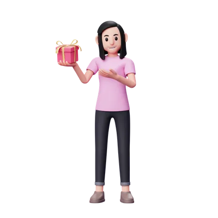 Dulce niña mostrando un pequeño regalo de San Valentín que sostiene con la mano derecha  3D Illustration