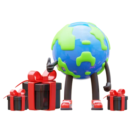 Earth Character Has Gifts  3D Illustration