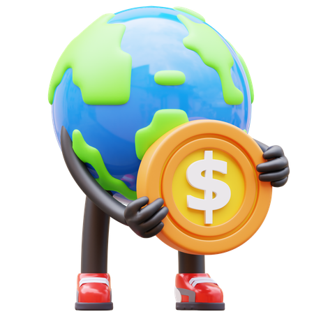 Earth Character Holding Coin  3D Illustration