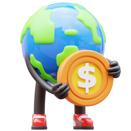 Earth Character Holding Coin  3D Illustration