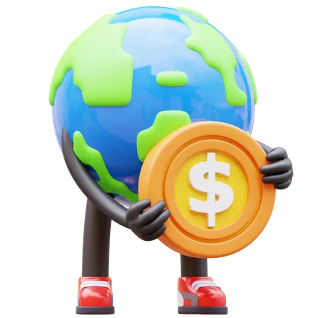 Earth Character Holding Coin  3D Illustration