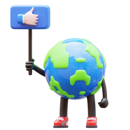 Earth Character Holding Like Sign  3D Illustration