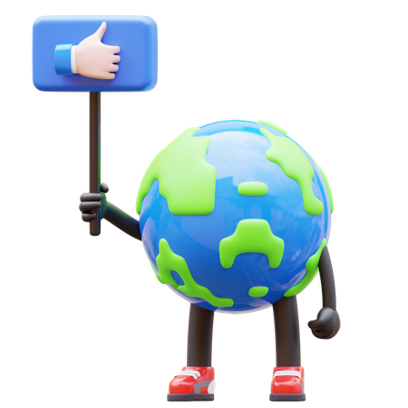 Earth Character Holding Like Sign  3D Illustration