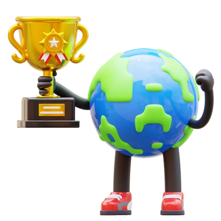 Earth Character Holding Trophy  3D Illustration