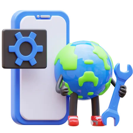 3 D Earth Character Maintenance Mobile Application 3D Illustration