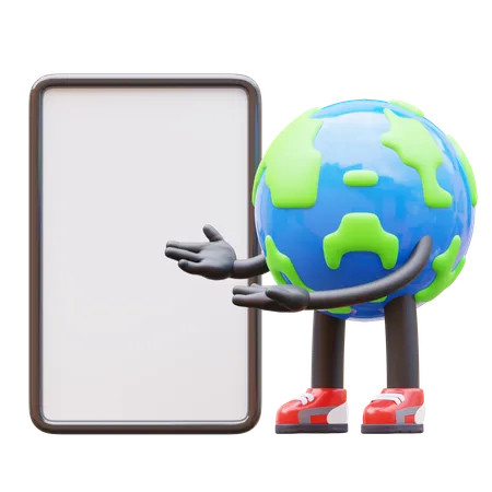 Earth Character Presenting Blank Paper Board  3D Illustration