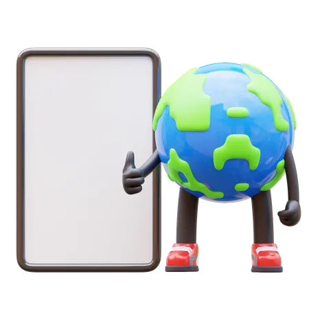 Earth Character Presenting Blank Paper Board