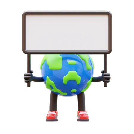 Earth Character Presenting Blank Paper Board  3D Illustration